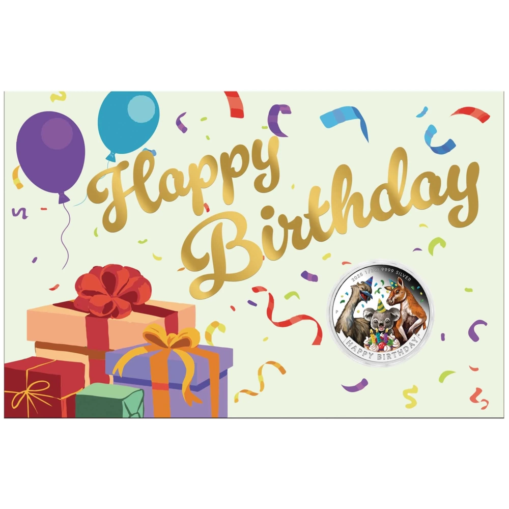 Stříbrná mince Happy Birthday 1/2oz Silver Proof Coloured in Card 2025