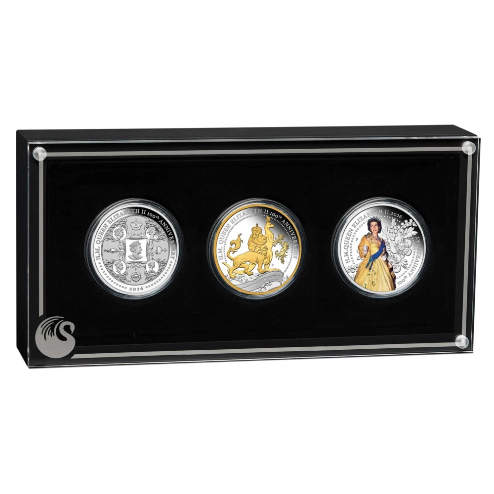 H.M. Queen Elizabeth II 100th Anniversary 2026 3x1oz Silver Proof Three-Coin Set