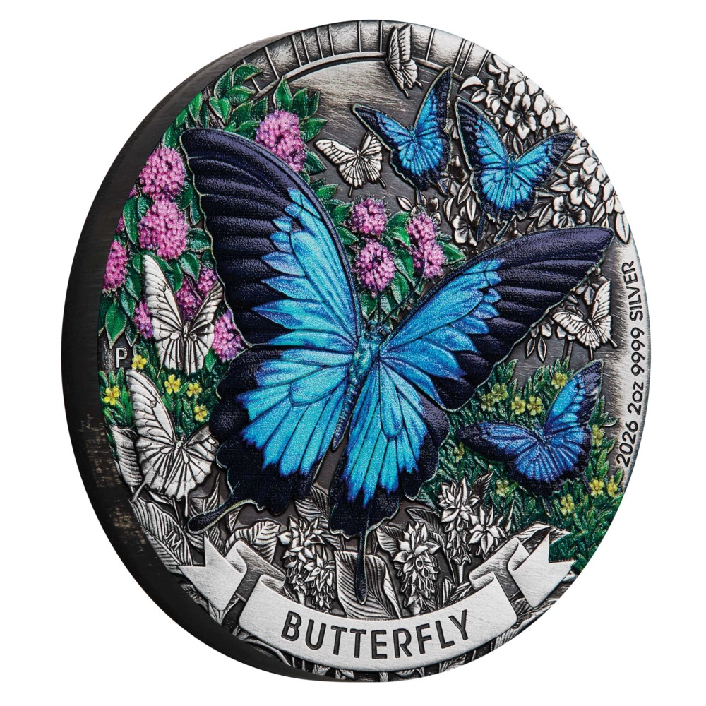 Stříbrná mince „Butterfly 2026“ o hmotnosti 2 oz s patinovaným povrchem a barevným provedením