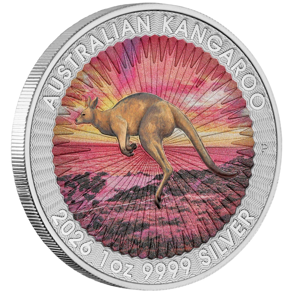 Sundowner – Red Kangaroo 2026, 1 Unze, silberfarbene Münze in Kartonhülle