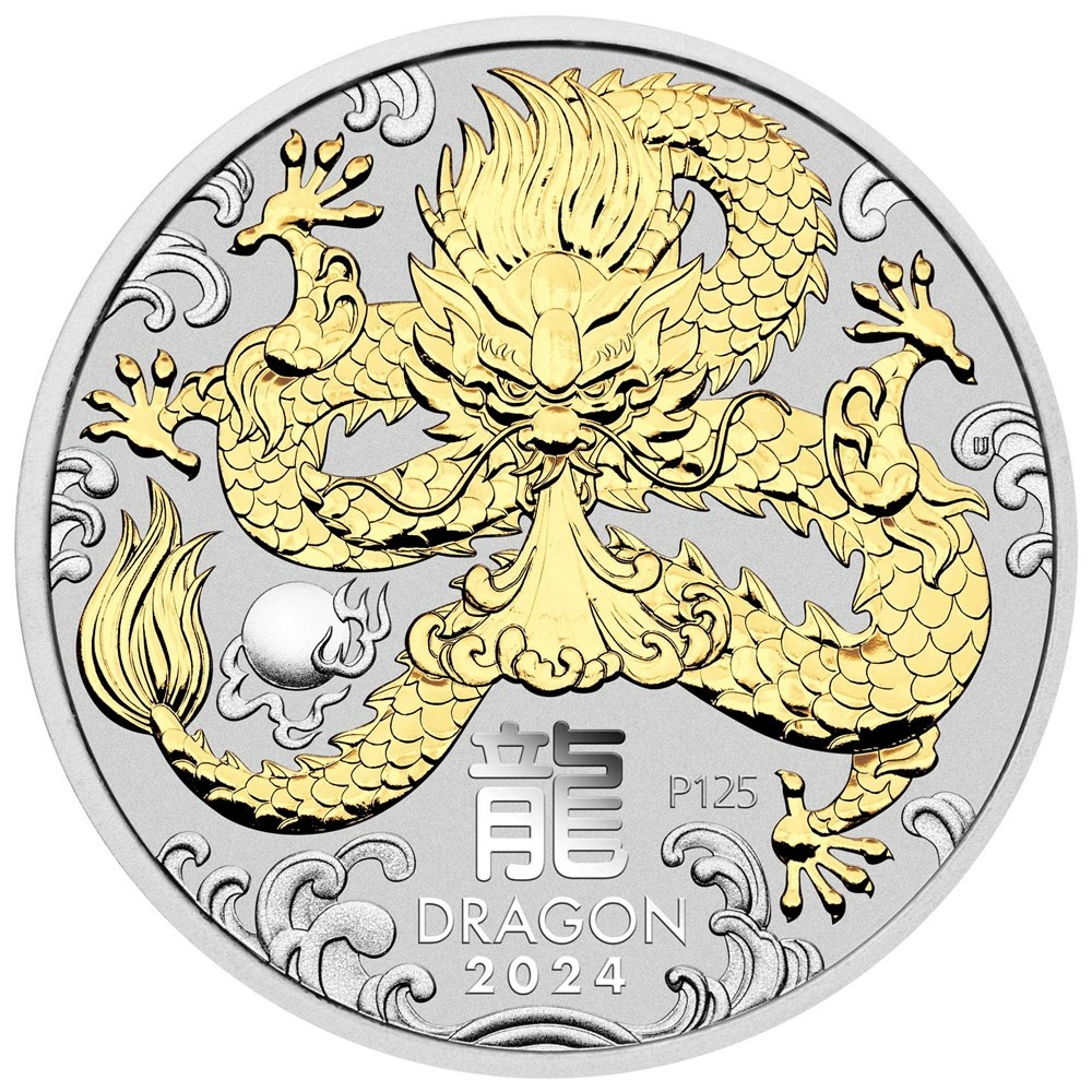 Stříbrná pozlacená mince Rok Draka 1 Oz 2024 - LUNÁRNÍ SÉRIE III.