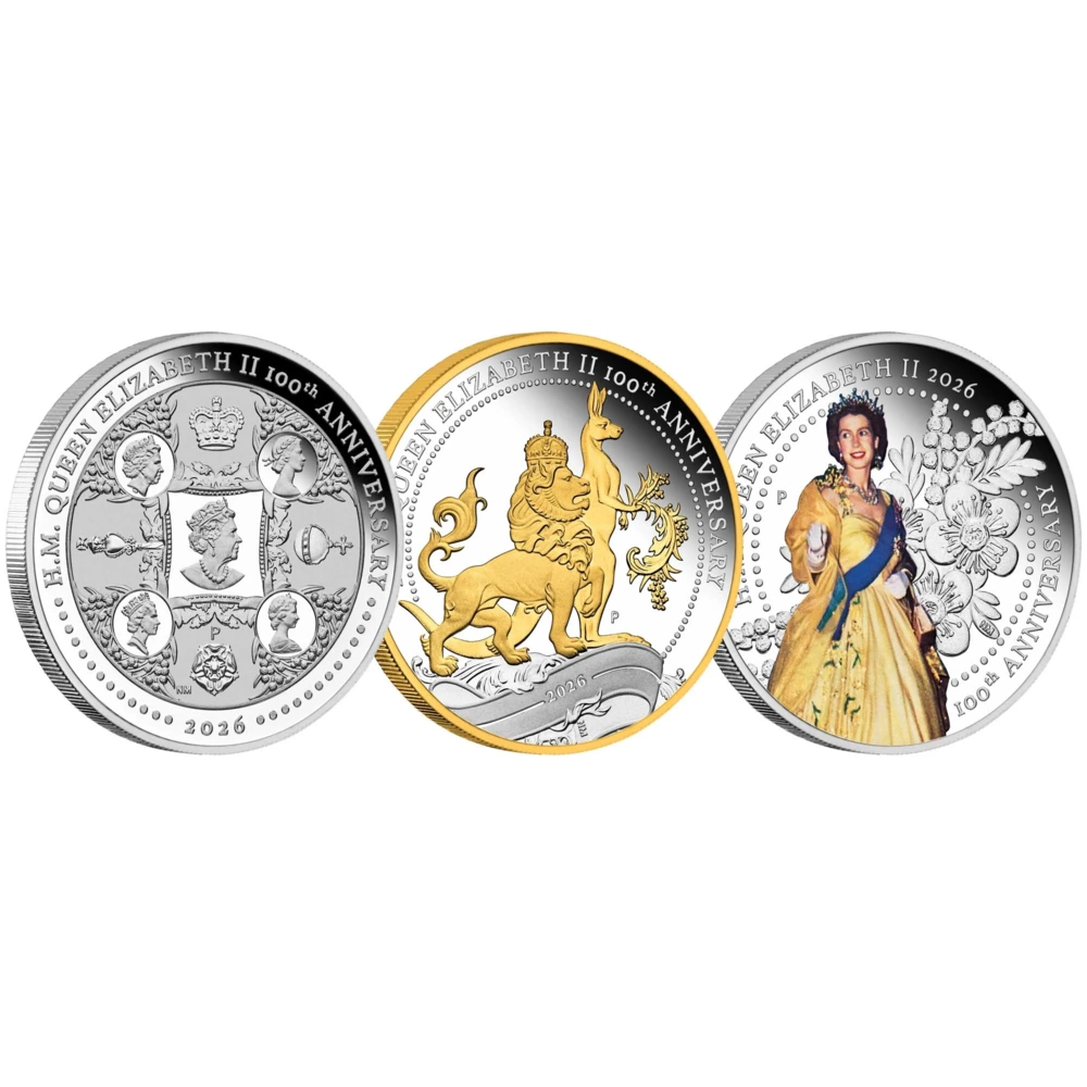 H.M. Queen Elizabeth II 100th Anniversary 2026 3x1oz Silver Proof Three-Coin Set