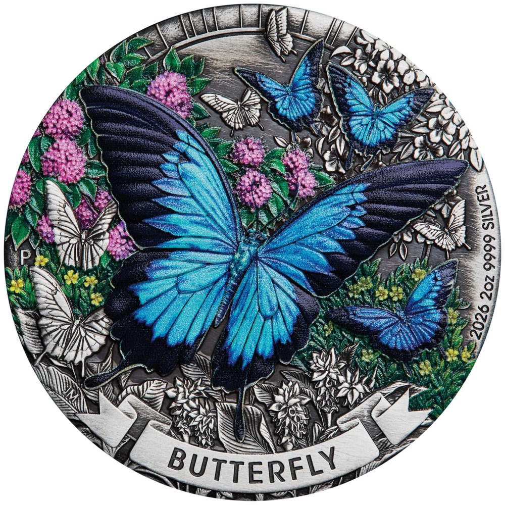 Stříbrná mince „Butterfly 2026“ o hmotnosti 2 oz s patinovaným povrchem a barevným provedením
