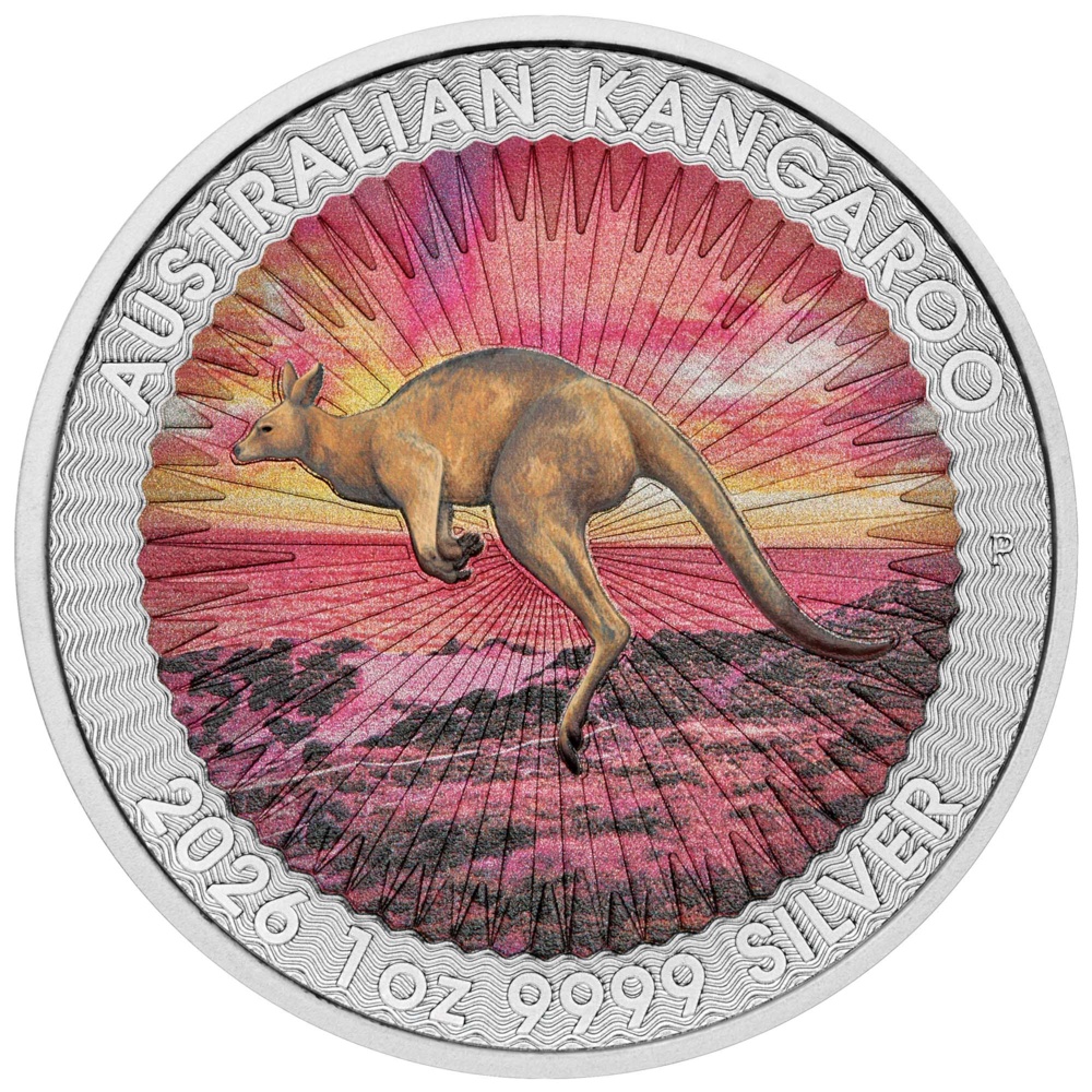 Sundowner – Red Kangaroo 2026, 1 Unze, silberfarbene Münze in Kartonhülle