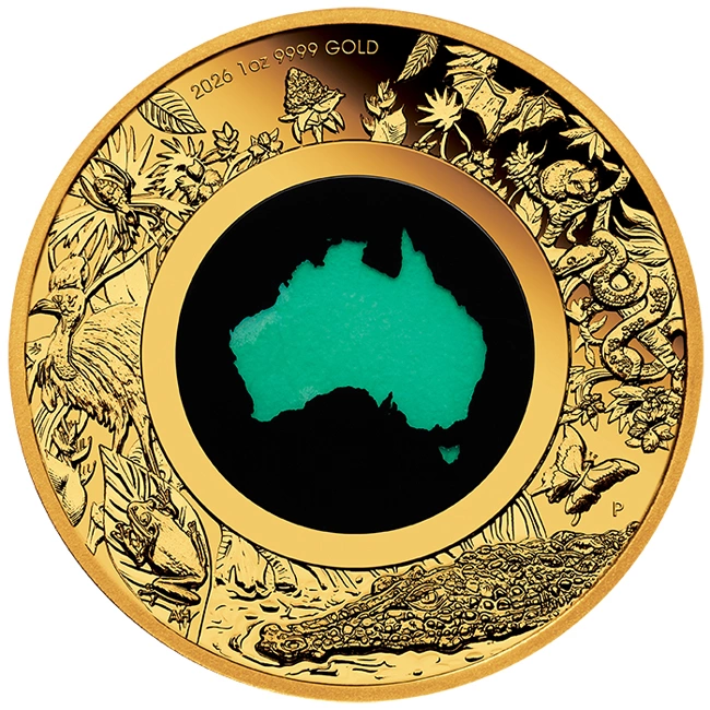 Zlatá mince „Great Southern Land 2026“ - 1 OZ - Proof s motivem chrysoprasu - Austrálie