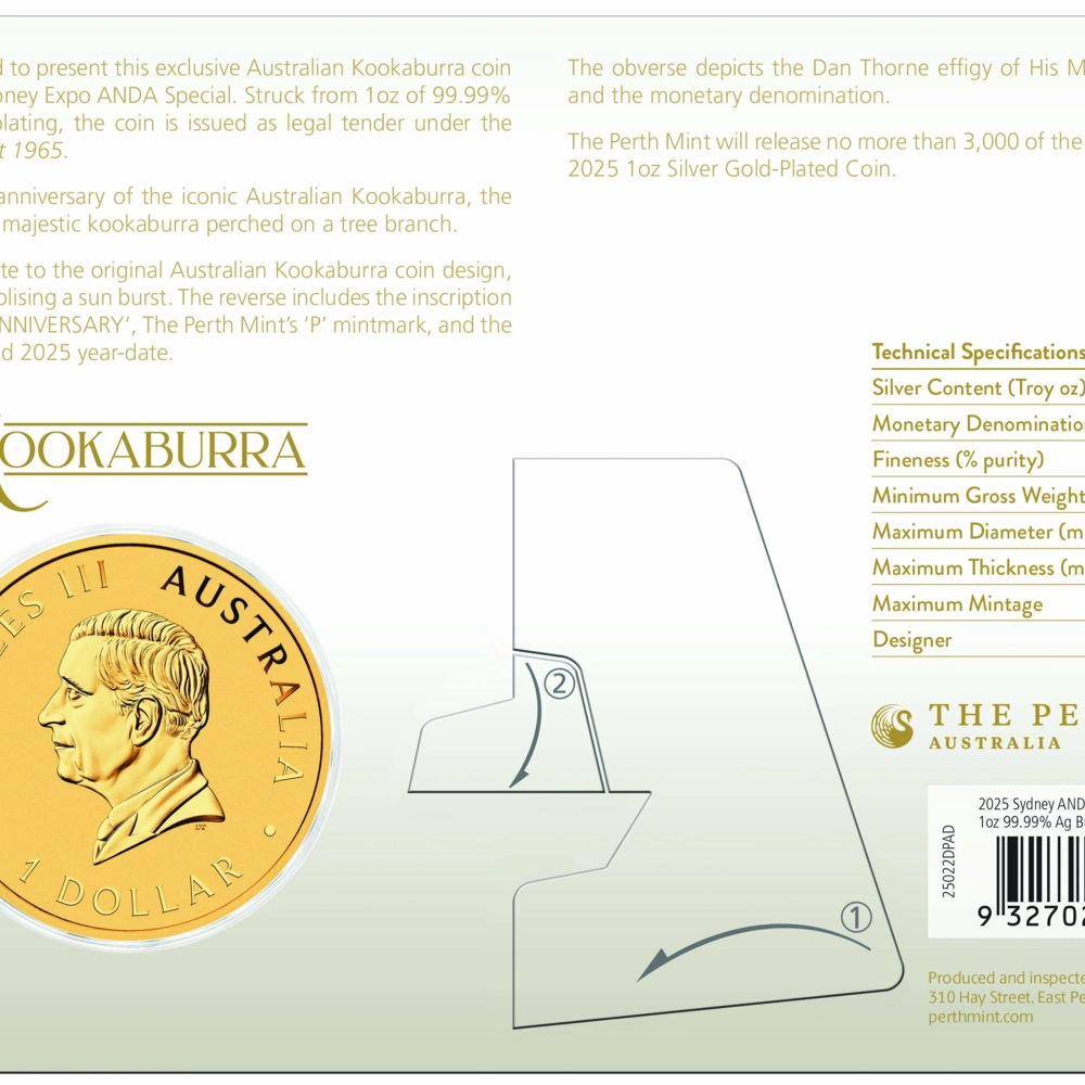 Sydney Money Expo ANDA Special Kookaburra 35th Anniversary 2025 1oz Silver Gold-Plated Coin