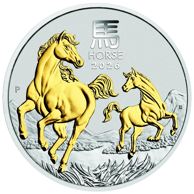 Stříbrná pozlacená mince Rok Koně 1 Oz 2026 - LUNÁRNÍ SÉRIE III.