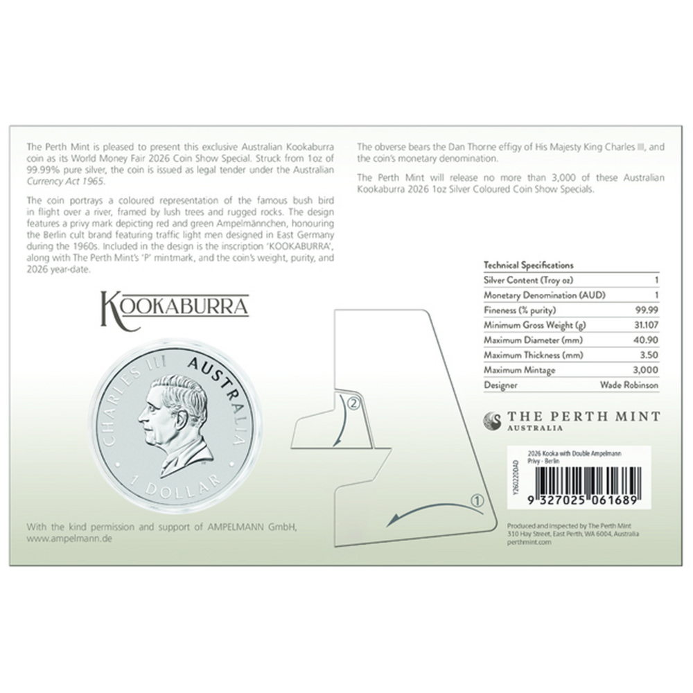 1 Oz Australian Kookaburra (Kingfisher) 2026 Color (World Money Fair Berlin 2026) Silver Coin Card