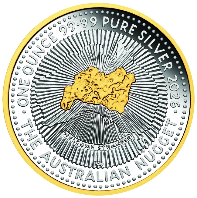 40-jähriges Jubiläum des australischen Nugget-Goldmünzenprogramms 2026 1 Unze Silber-Proof-vergoldete Münze