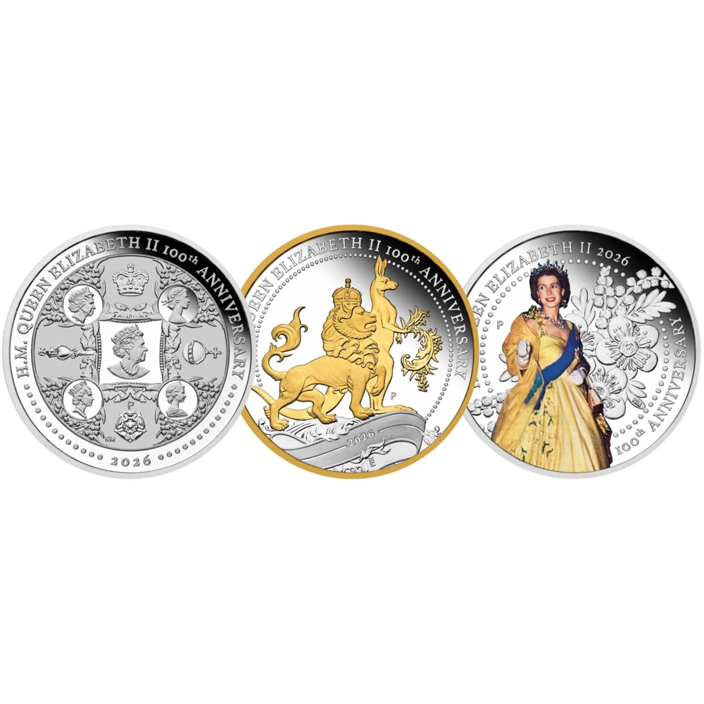 H.M. Queen Elizabeth II 100th Anniversary 2026 3x1oz Silver Proof Three-Coin Set