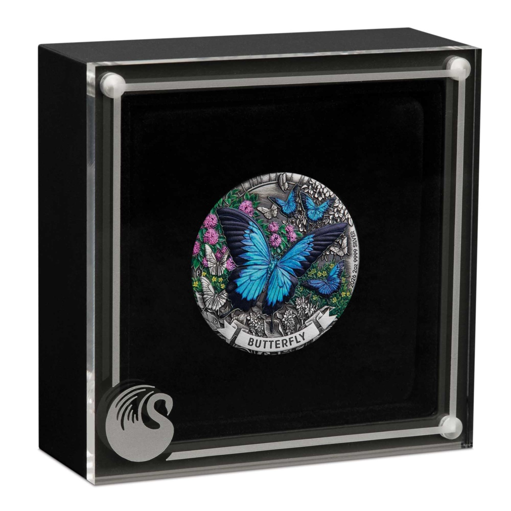 Stříbrná mince „Butterfly 2026“ o hmotnosti 2 oz s patinovaným povrchem a barevným provedením
