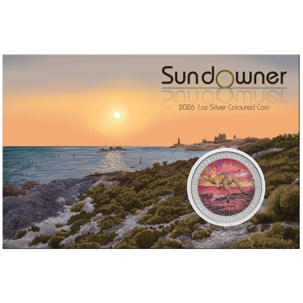 Sundowner – Red Kangaroo 2026, 1 Unze, silberfarbene Münze in Kartonhülle