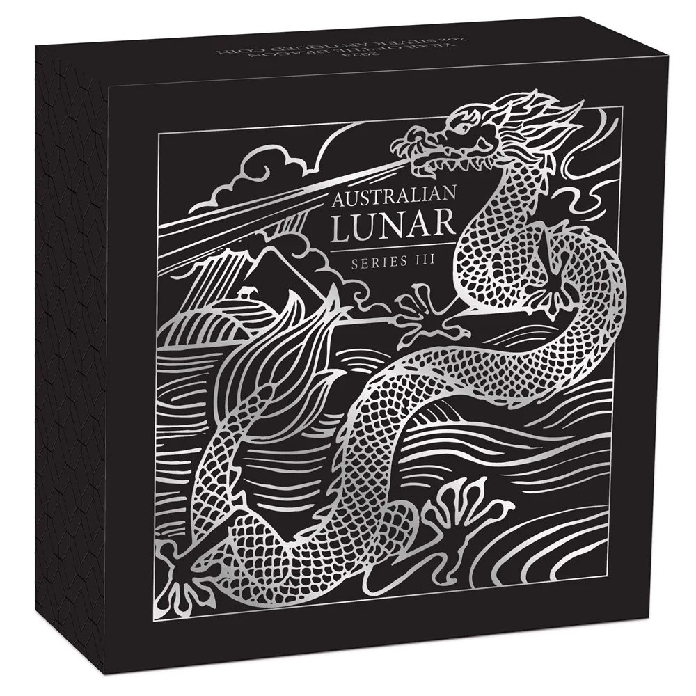 Silver coin Year of the Dragon 2 Oz 2024 - LUNAR SERIES III. - Antique coin in case
