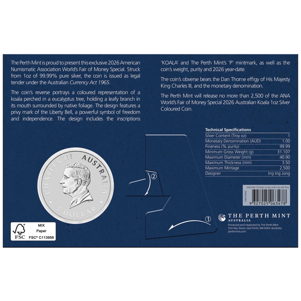 ANA World’s Fair of Money Special Koala 2026 1oz Silver Coloured Coin with Liberty Bell Privy Mark