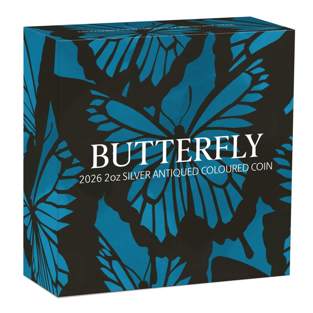 Stříbrná mince „Butterfly 2026“ o hmotnosti 2 oz s patinovaným povrchem a barevným provedením