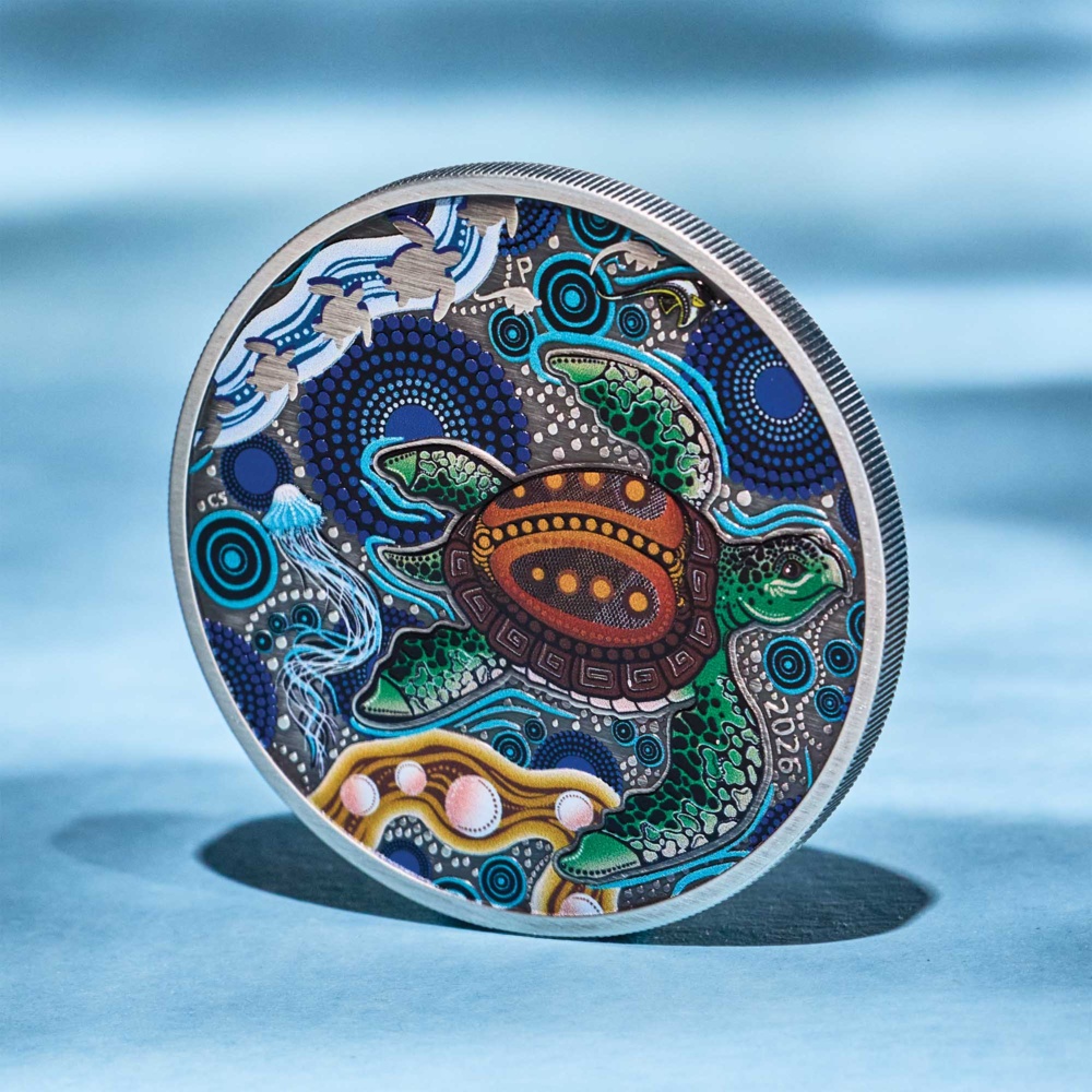 Stříbrná mince „Turtle Yaunati 2026“ o hmotnosti 2 oz s antik povrchem a barevným provedením