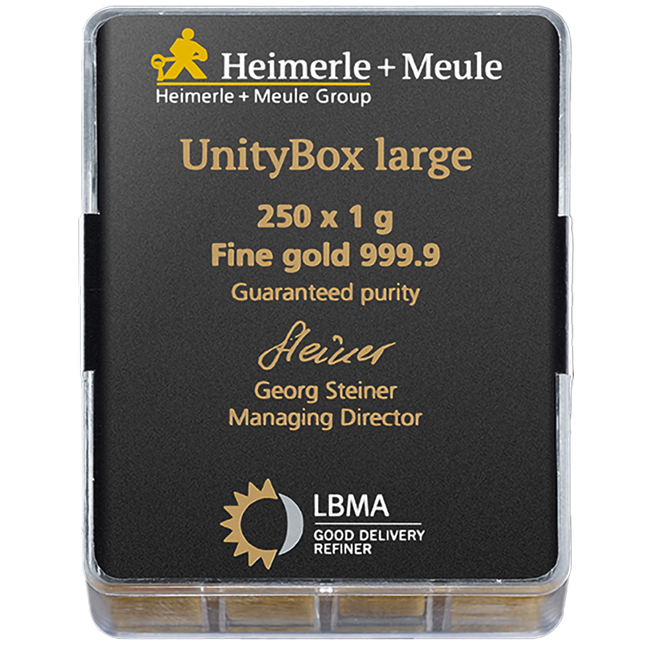 250x 1g Heimerle + Meule Investiční zlatý slitek -BOX