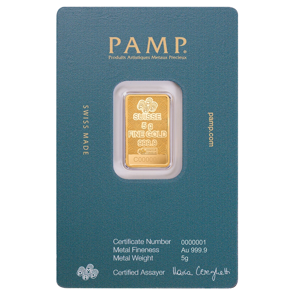Investment-Goldbarren 5 g Pamp Fortuna – Arabischer Falke mit Rahmen