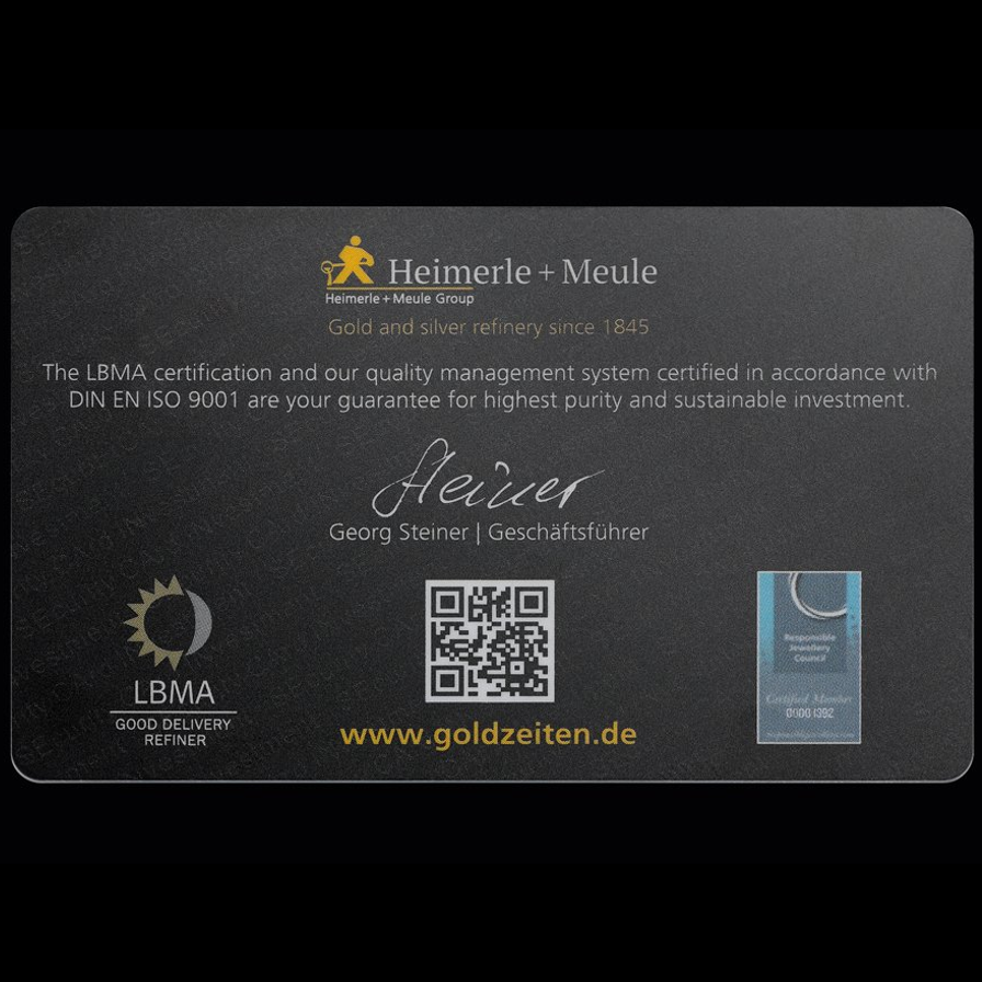 Heimerle + Meule Investment-Goldbarren 1 g – Secain®-Karte