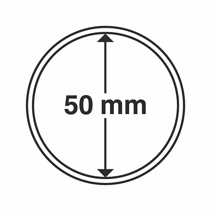 Münzkapsel aus Kunststoff mit Innendurchmesser 50 mm, Packung mit 10 Stück.