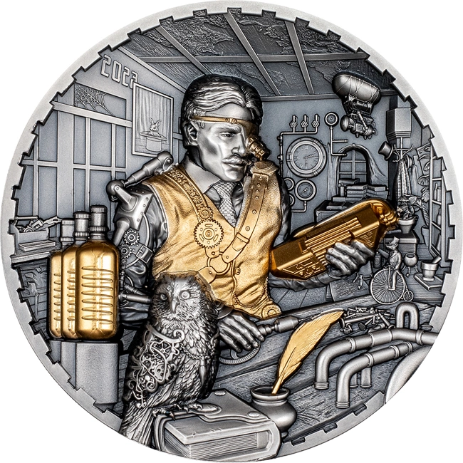 20 Dollar SCIENCE LAB Steampunk 3 Unzen Silbermünze 20 $ Cookinseln 2023 Antik-Finish