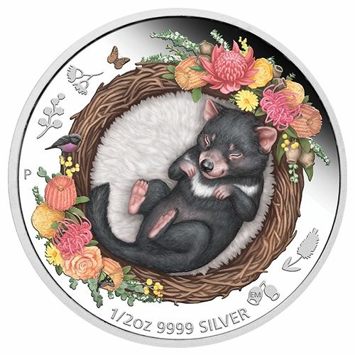 Silber-Anlagemünze Tasmanischer Tiger/Tasmanischer Teufel, farbig, Dreaming Down Under Serie 1/2 Oz 2021