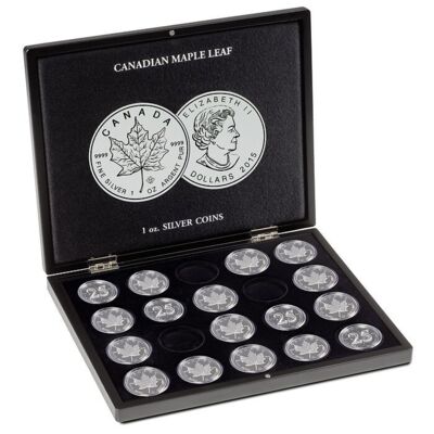 Mincovní kazeta VOLTERRA pro 20 ks  “Maple Leaf” 1 oz silver mince v kapslích Ø 38 mm