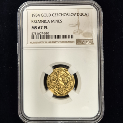 Dukátová medaile Oživení kremnického baníctví 1934, Certifikát NGC, kvalita MS 67PL